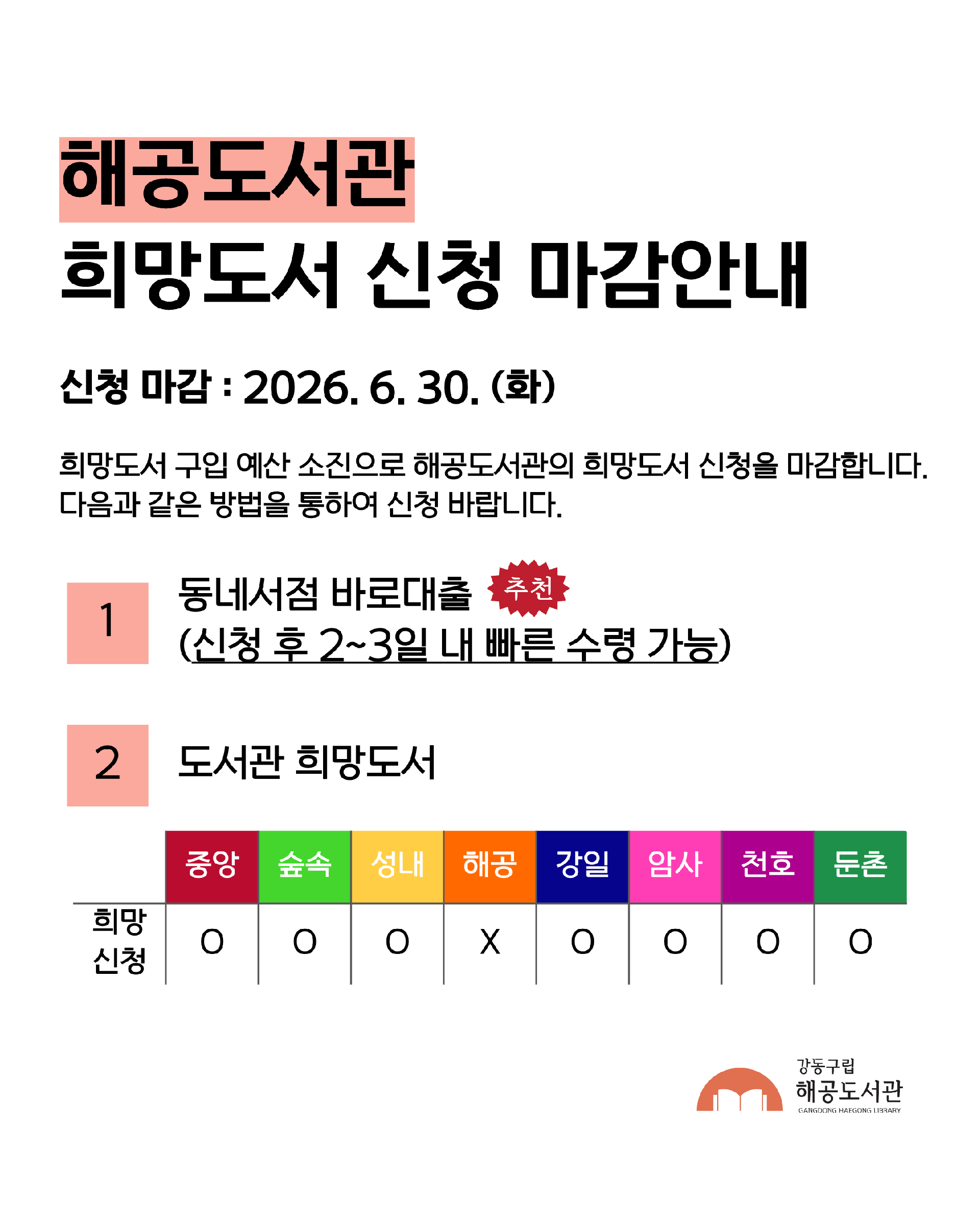  2026년 해공도서관 희망도서 신청마감 안내 이미지 1