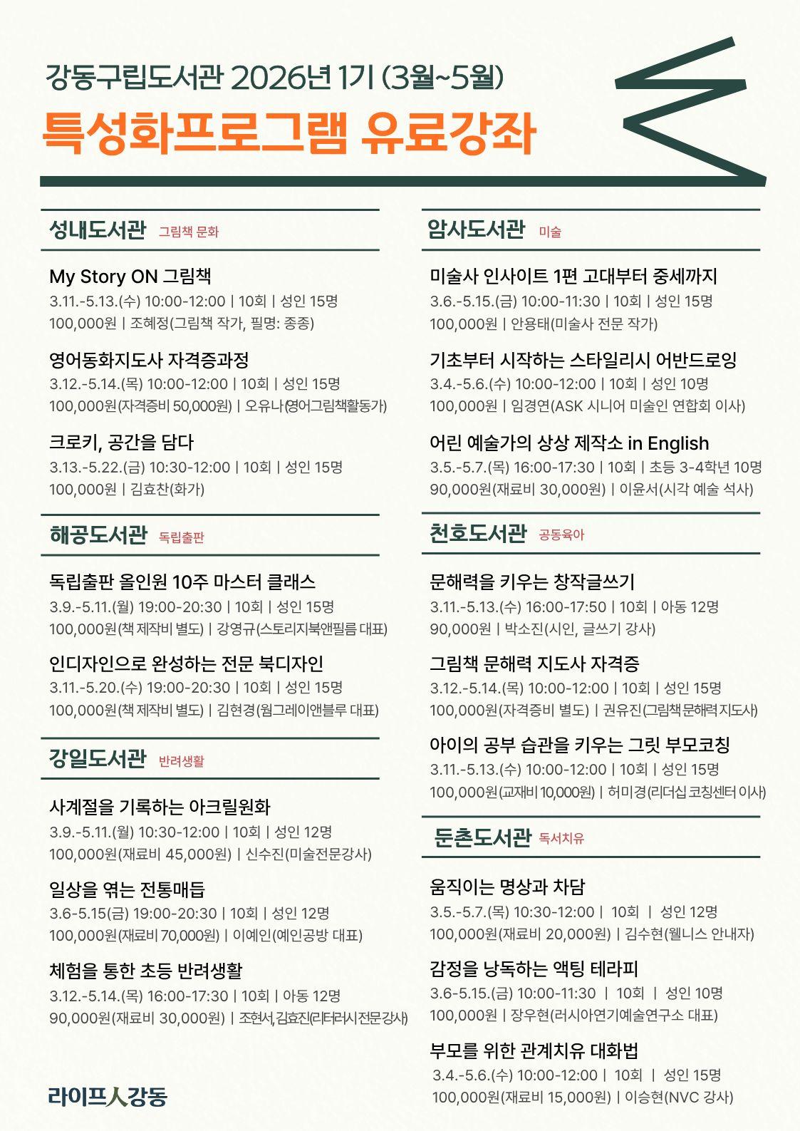 강동구립도서관 2026년 1기(3월~5월) 특성화프로그램 유료강좌 안내 이미지 2